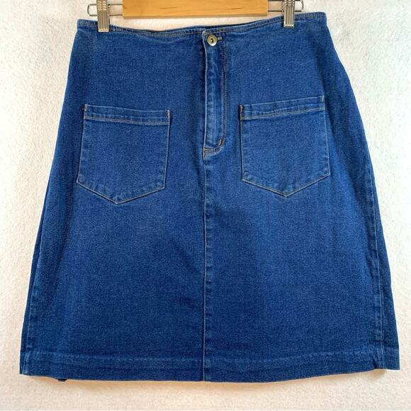 Vintage Womens Jean Skirt Sz 12 Blue Western Cottage Y2K Pleated‎ Patch Pockets - Picture 2 of 6